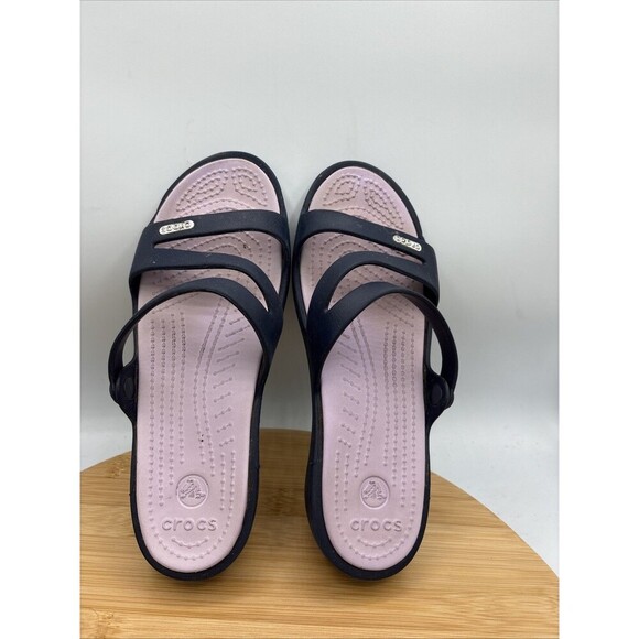 Crocs Women's Patricia Navy Blue Lavender Slide Wedge Heel Sandals Size 6 - Picture 2 of 10
